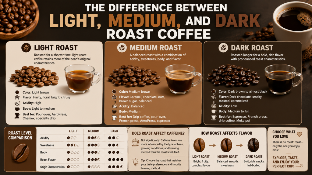 The Difference Between Light, Medium, and Dark Roast Coffee